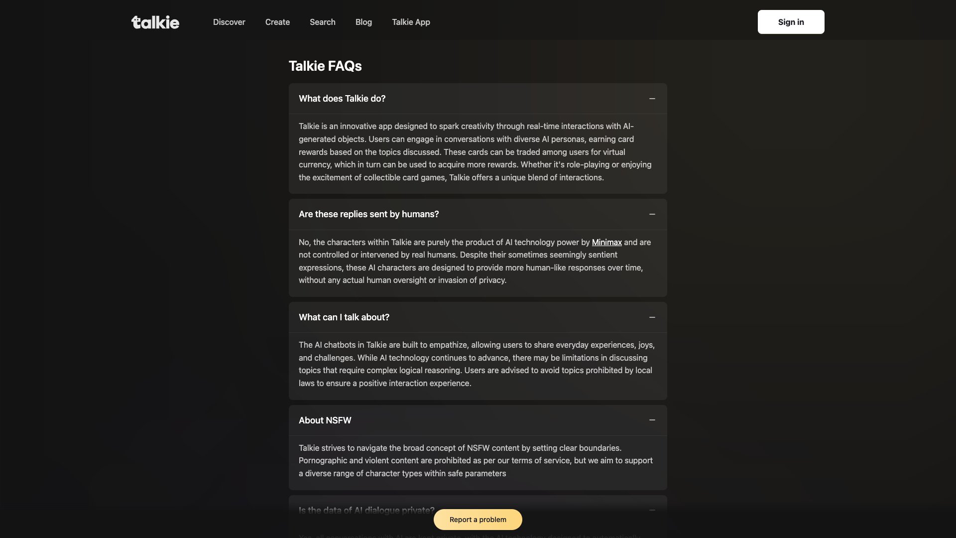Talkie public product page showing companion chat interface and social-style presentation