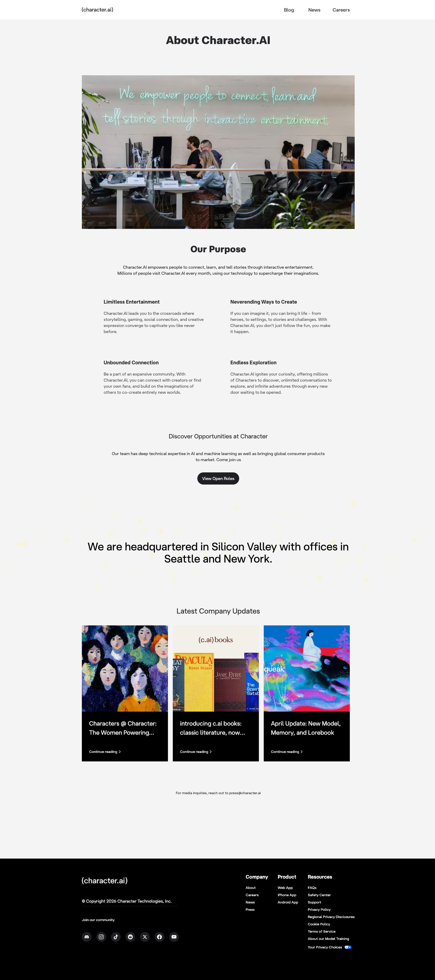 Character.AI about page presenting the platform as interactive entertainment