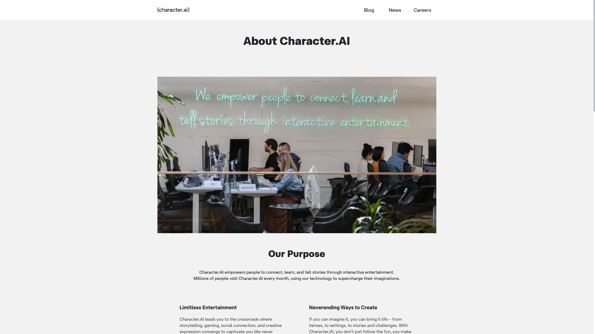 Character.AI public page describing stories, challenges, and character-based creation