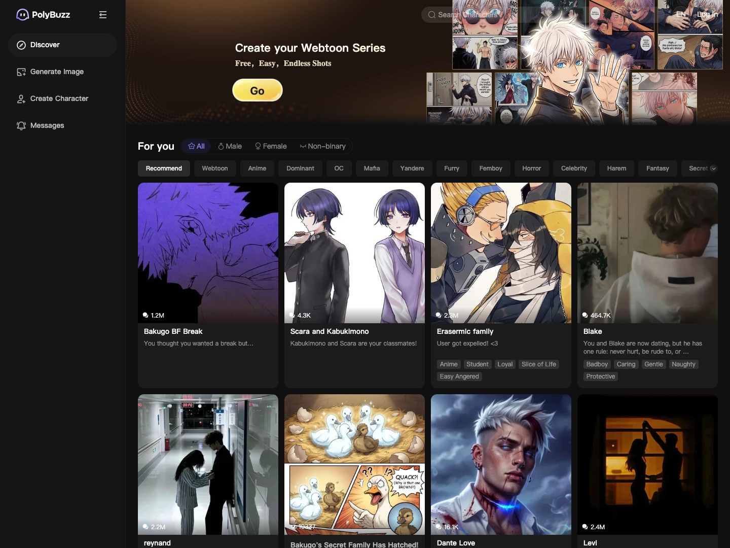 PolyBuzz page with webtoon creation entry and AI character discovery feed