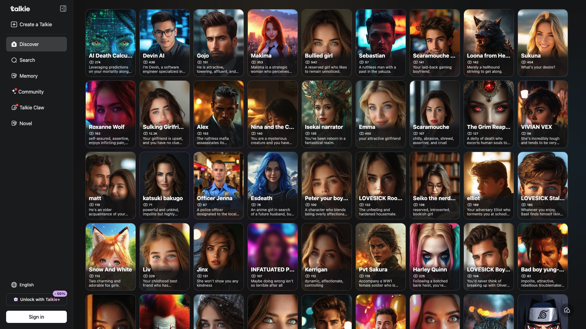 Talkie desktop discovery page with creator-made character cards