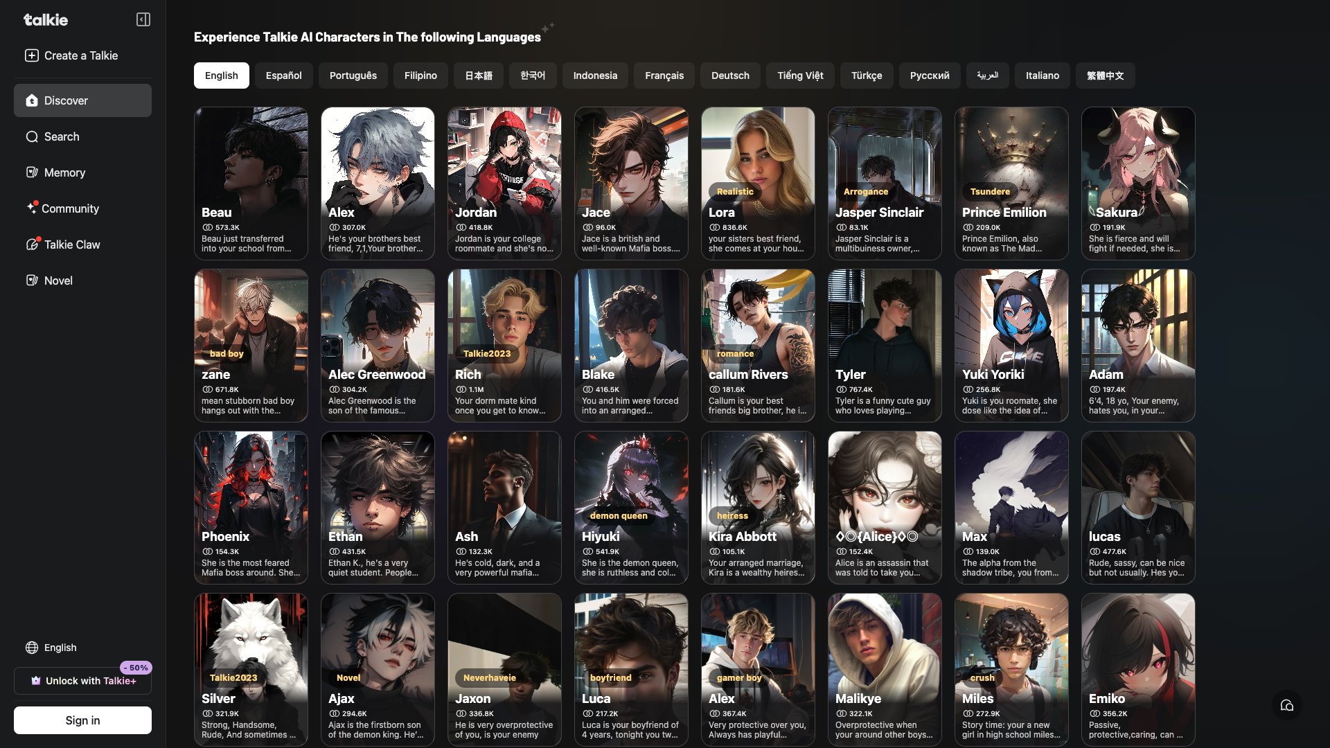 Talkie multilingual discovery page with language tabs and character grid