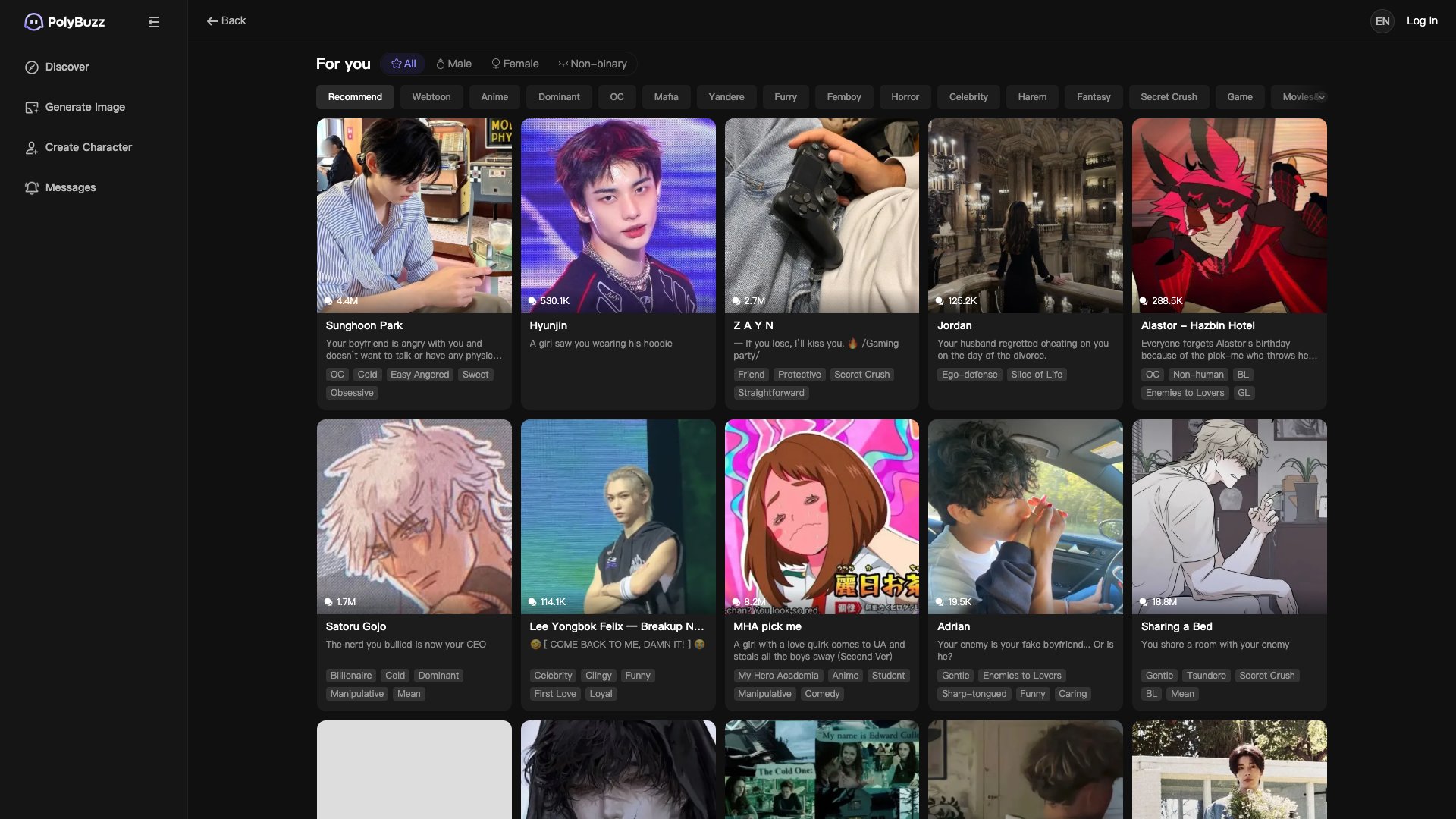 PolyBuzz discover page with AI character browsing and creation entry points